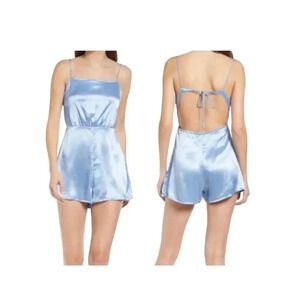 Rahi Bondi Gwen Blue Satin Open Back Romper Spaghetti Straps size S NWT